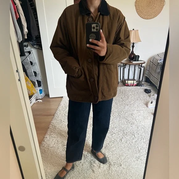 Women’s winter dark brown Barn Jacket with corduroy Black Collar - Picture 2 of 13